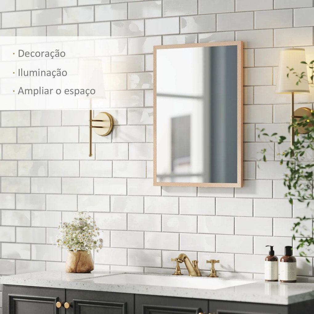 Espelho de Parede Decorativo 50x70 cm Espelho Retangular Espelho de Sala com 4 Ganchos Metálicos Estilo Moderno Madeira