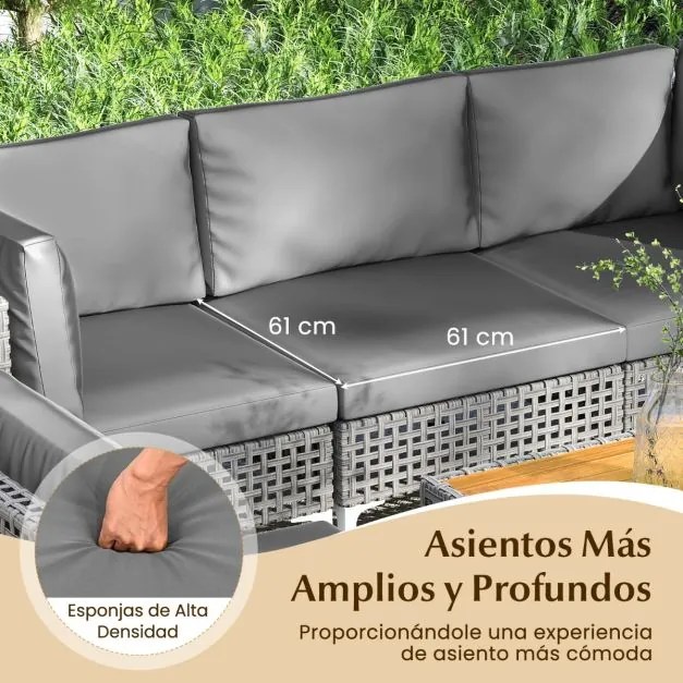 Conjunto de jardim de 7 peças em rattan PE com mesa em madeira de acácia, almofadas removíveis e pés ajustáveis em metal cinzento