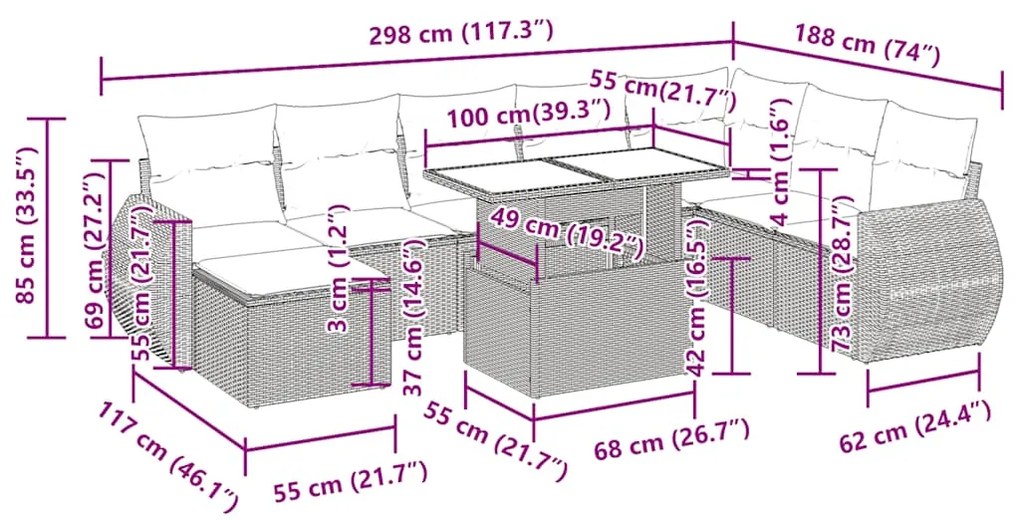 9 pcs conjunto sofás p/ jardim c/ almofadões vime PE castanho