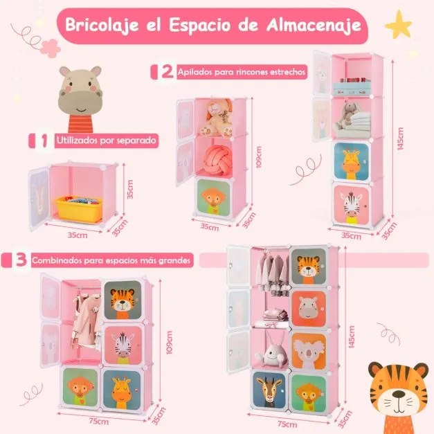 Armário infantil portátil para bebés 75 x 37 x 145 cm Plastico com 8 cubos e secção para pendurar roupas rosa