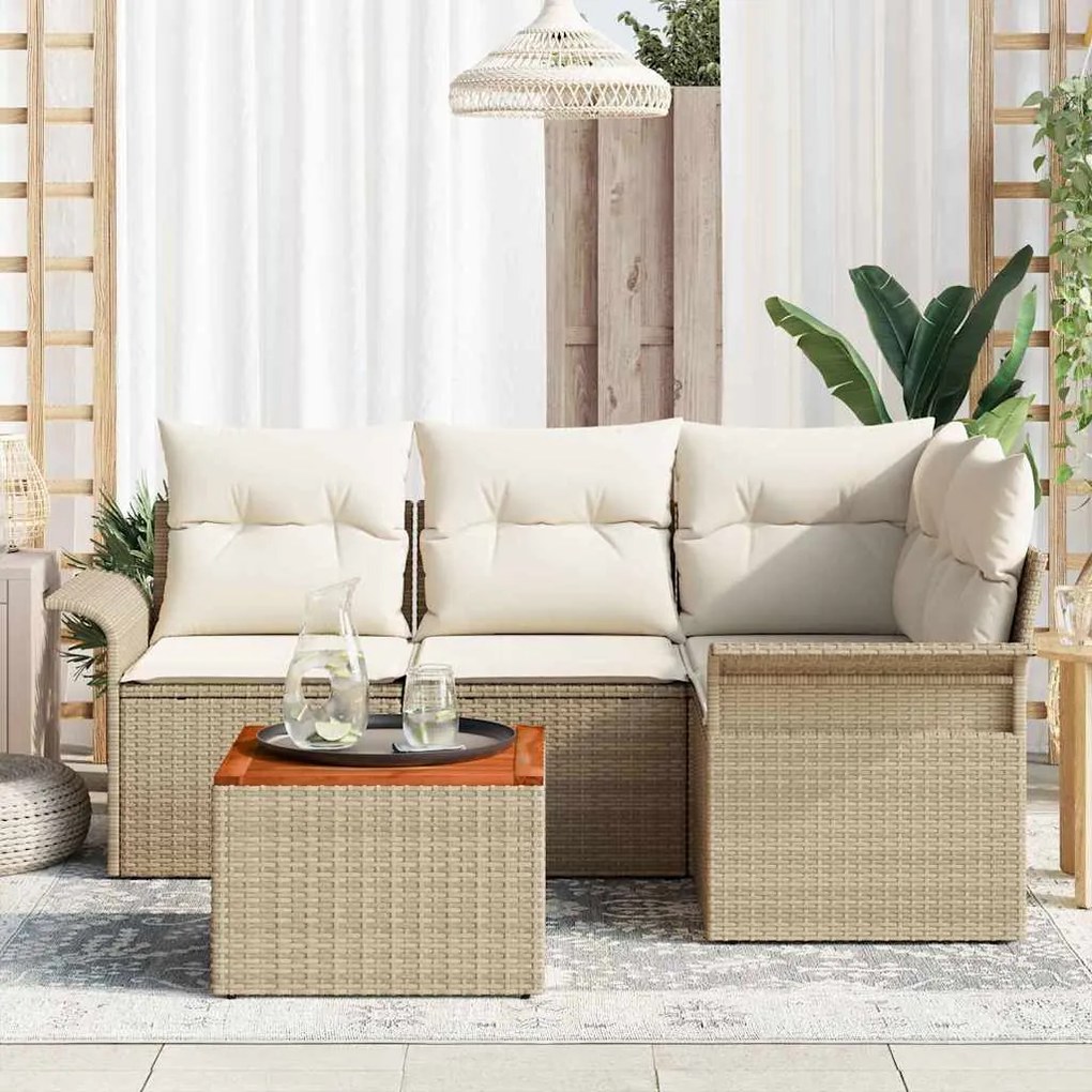 Conjunto de Sofá para Jardim com 5 Peças e Almofadas Beiges em Rattan