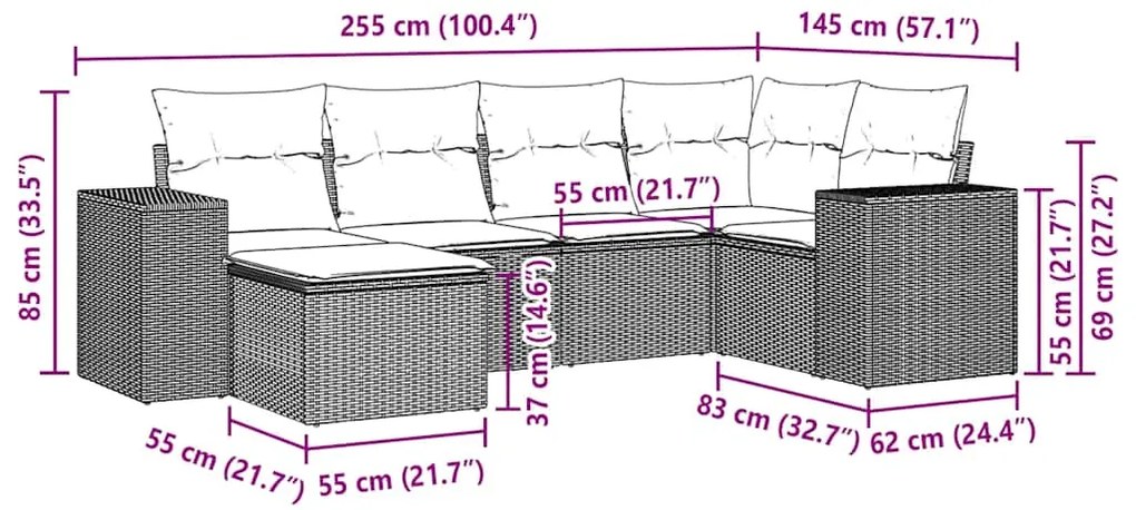 6 pcs conj. sofás jardim com almofadões vime PE cinzento-claro