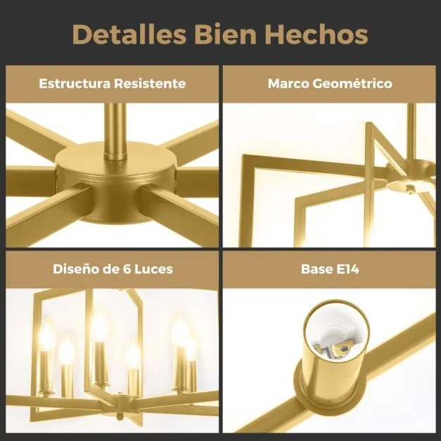 Candeeiro teto rústico de 6 luzes 54 x 54 x 67-157 cm com design geométrico, altura ajustável e metal industrial dourada