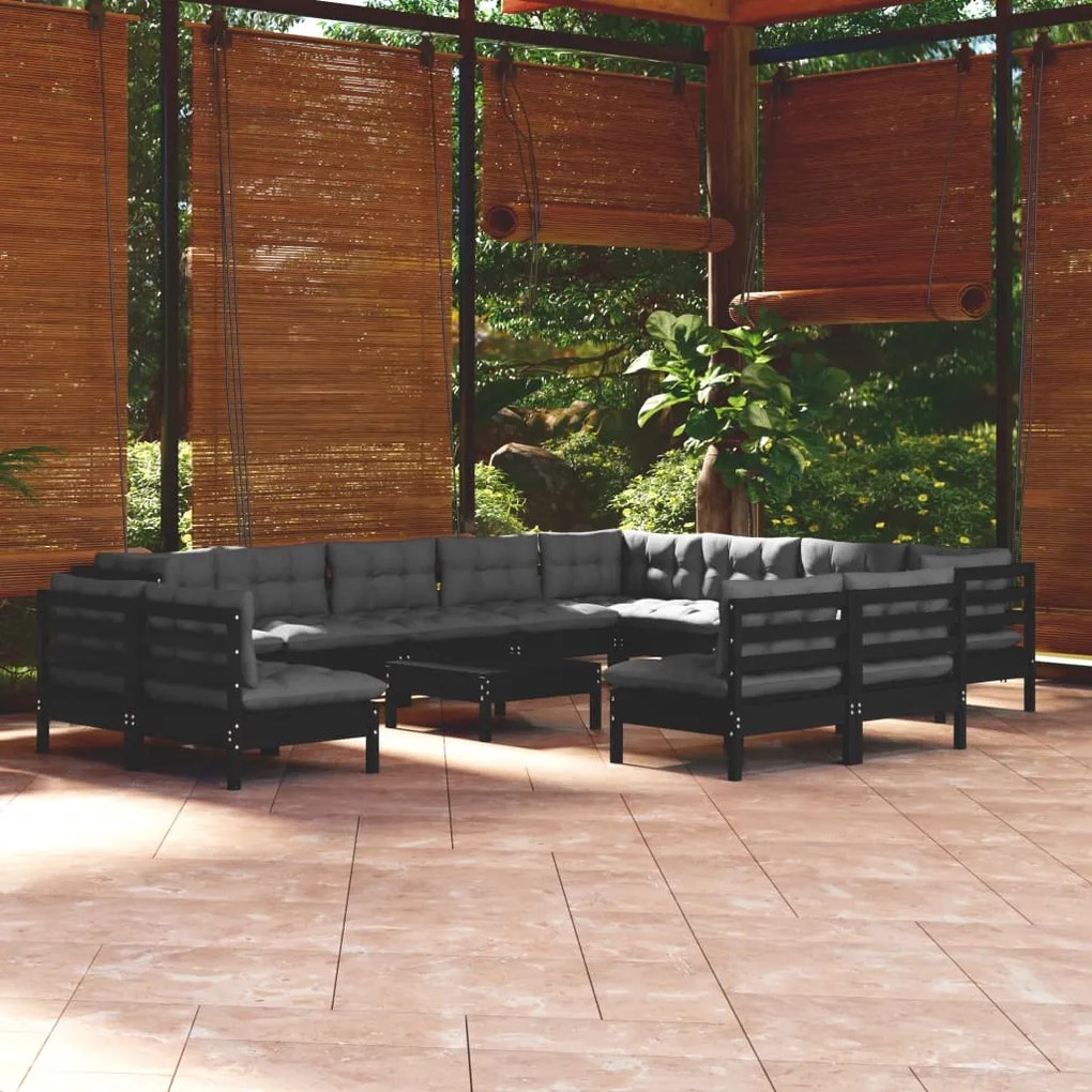 vidaXL 13 pcs conjunto lounge jardim c/ almofadões pinho maciço preto