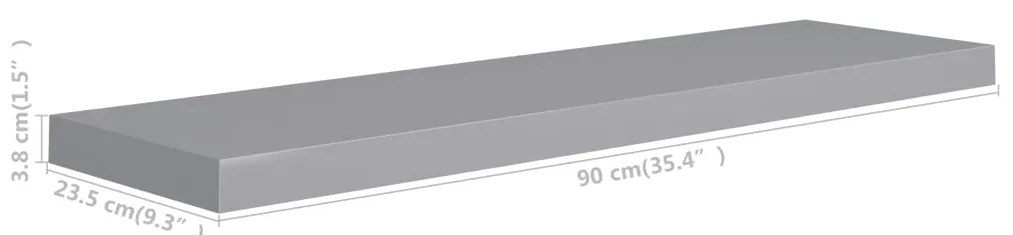 Prateleiras parede suspensas 2 pcs 90x23,5x3,8cm MDF cinzento