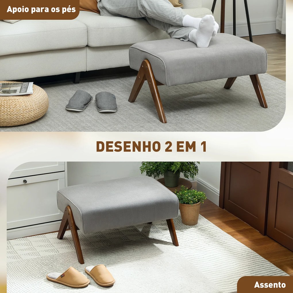 Apoio para Pés Estofado em Veludo Otomana Retangular com Assento Almofadado e Pés de Madeira 69x47x36 cm Cinzento Claro