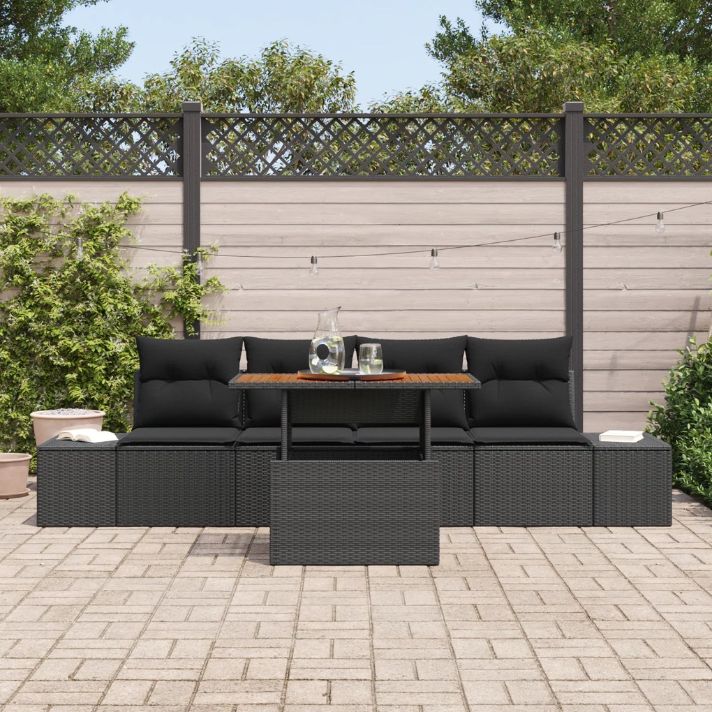 Conjunto de Sofás de Jardim de 5 peças com Almofadas Preto Rattan Poli