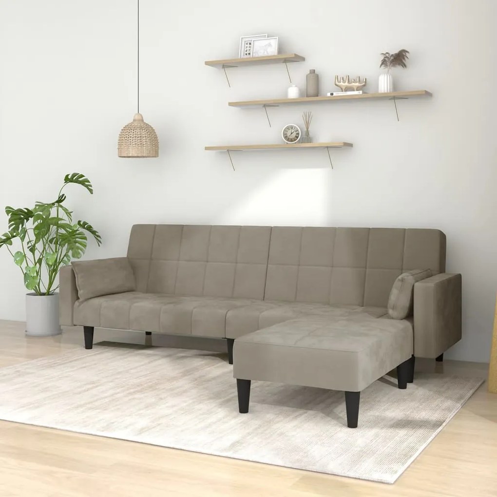 3080697 vidaXL Sofá-cama 2 lug. c/ 2 almofadas/apoio de pés veludo cinza-claro