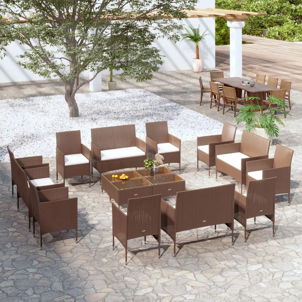 vidaXL 16 pcs conjunto lounge jardim c/ almofadões vime PE castanho