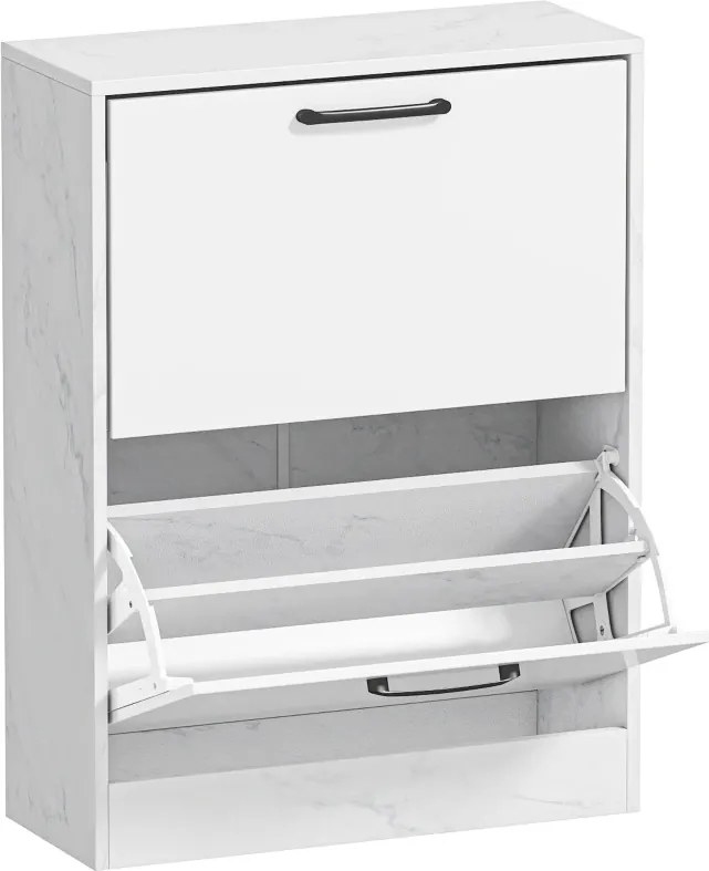 Sapateira Estreita 2 Portas de Alto Brilho 60x24x80 cm com Prateleiras Ajustáveis Design Mármore para 8 Pares de Sapatos Branco