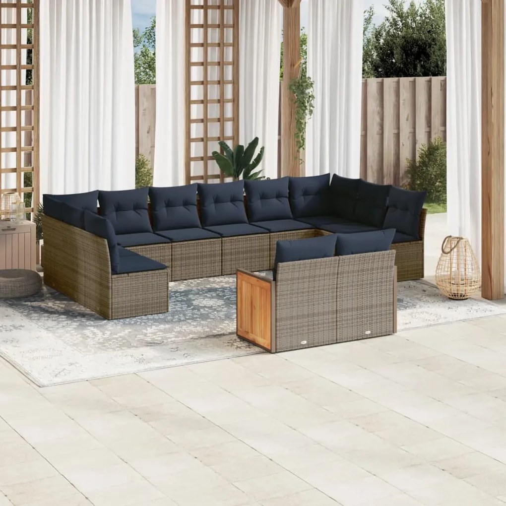 vidaXL 12 pcs conjunto sofás p/ jardim c/ almofadões vime PE cinzento