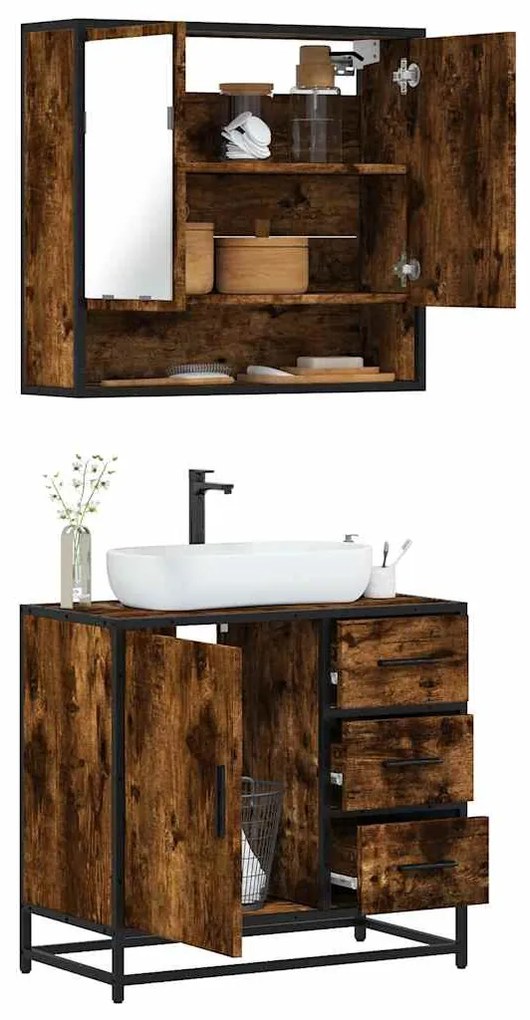 vidaXL 2 pcs conj. móveis casa de banho derivados madeira cor fumado