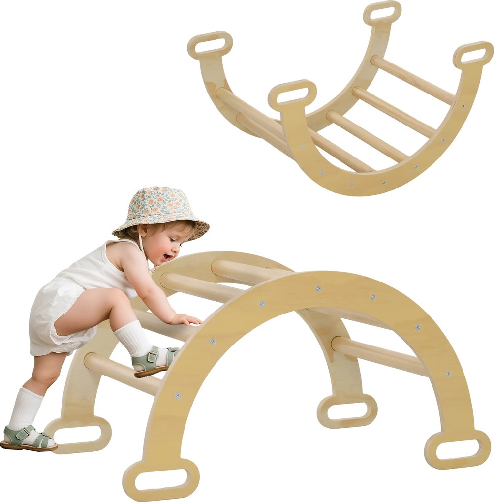 Arco de escalada infantil com baloico em madeira para uso interior, para meninos e meninas, bebés dos 18 aos 48 meses, madeira natural