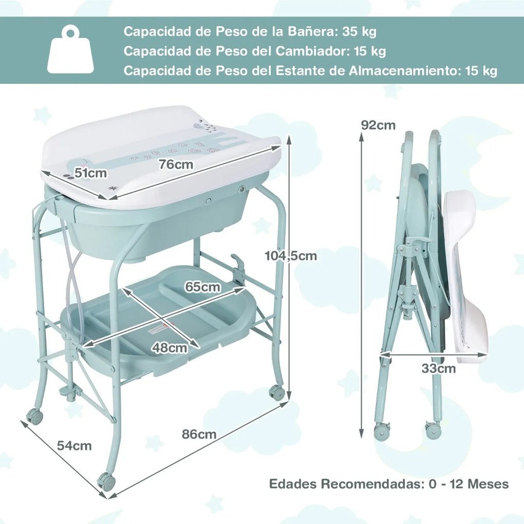 Troca-fraldas com banheira, portátil e dobrável, almofada em PVC, bandeja de armazenamento com 4 rodas universais Azul