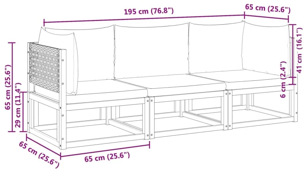 3 pcs conjunto de sofás de jardim com almofadões acácia maciça