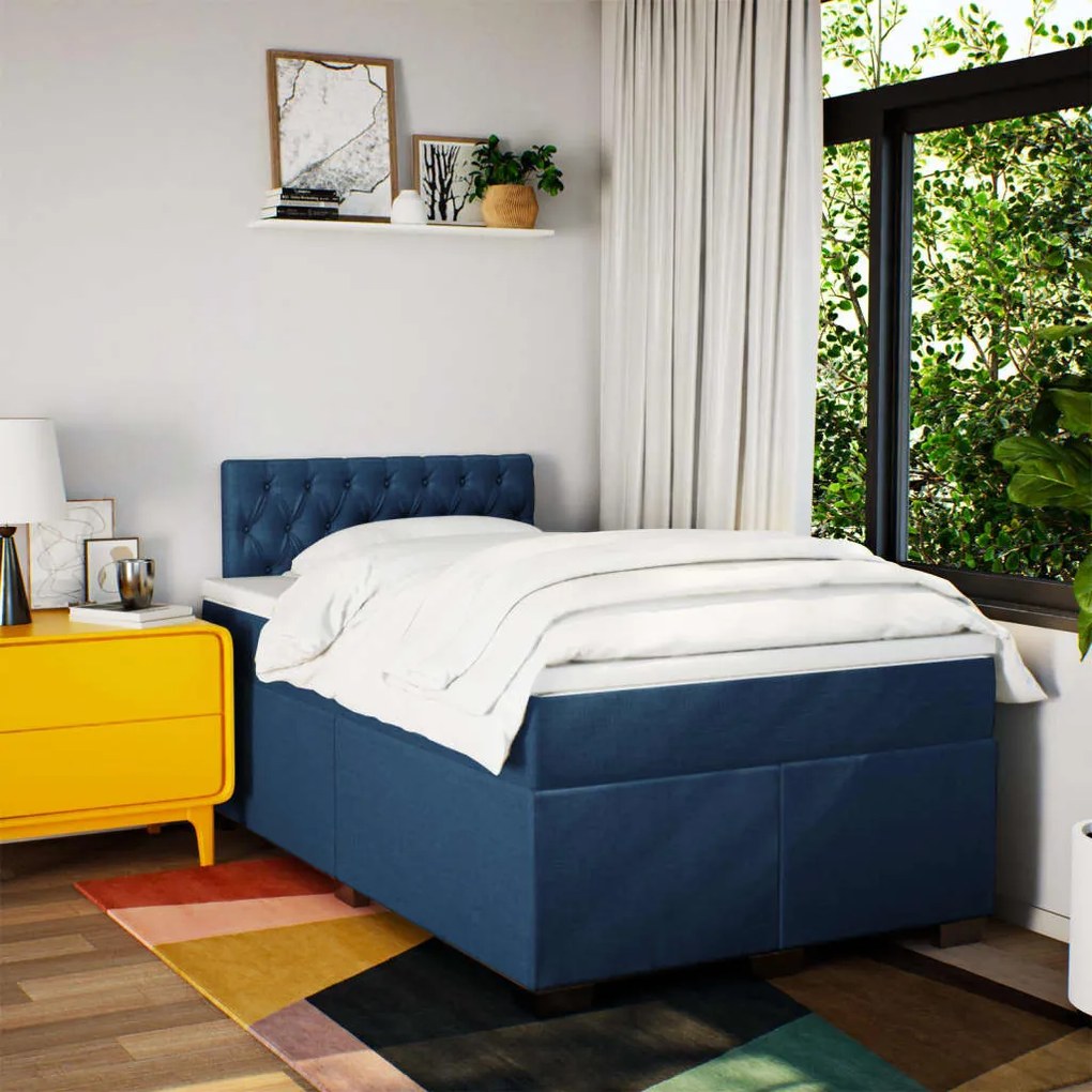 Cama boxspring com colchão 120x190 cm tecido azul