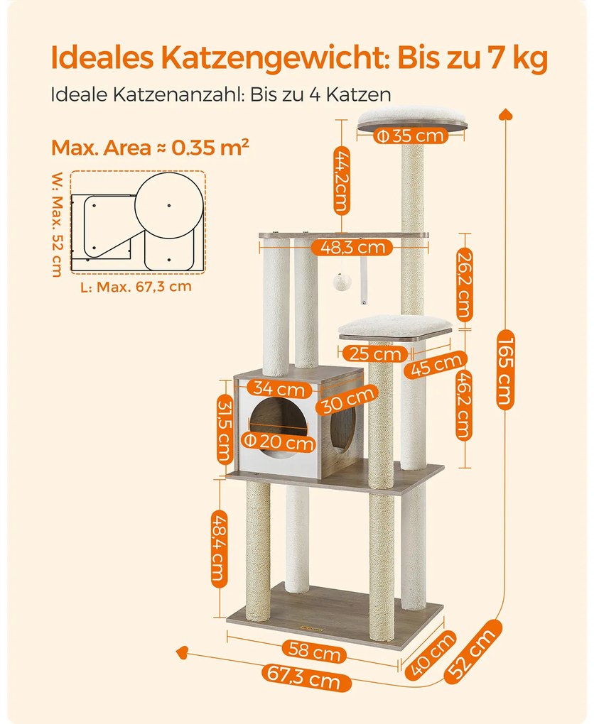 Arranhador para gatos 58 x 40 x 165 cm com almofada amovível Greige