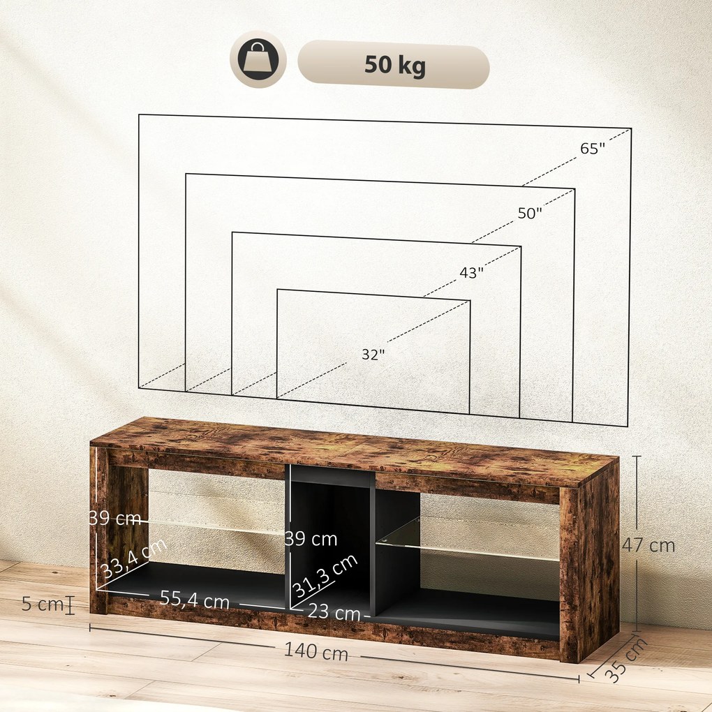 Móvel de TV, 140 x 35 x 47 cm, Iluminação LED com 7 Cores, Castanho