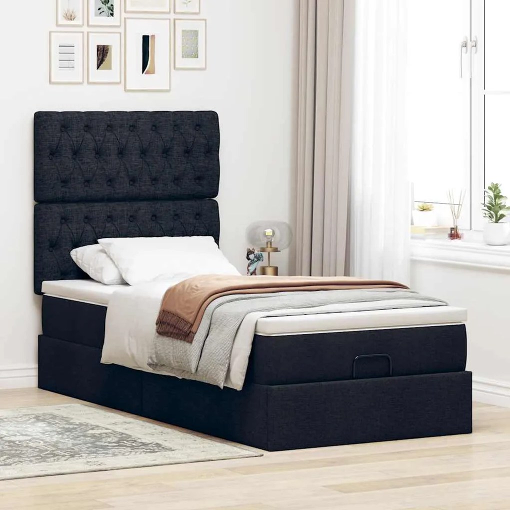 Cama otomana com colchão 90x200 cm tecido preto