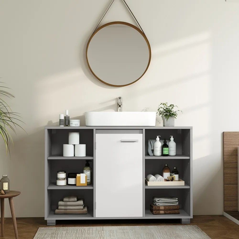 Armário de casa de banho 30 x 90 x 60 cm para lavatório (NÃO INCLUIDO), com prateleiras ajustáveis e pés cinzento-branco