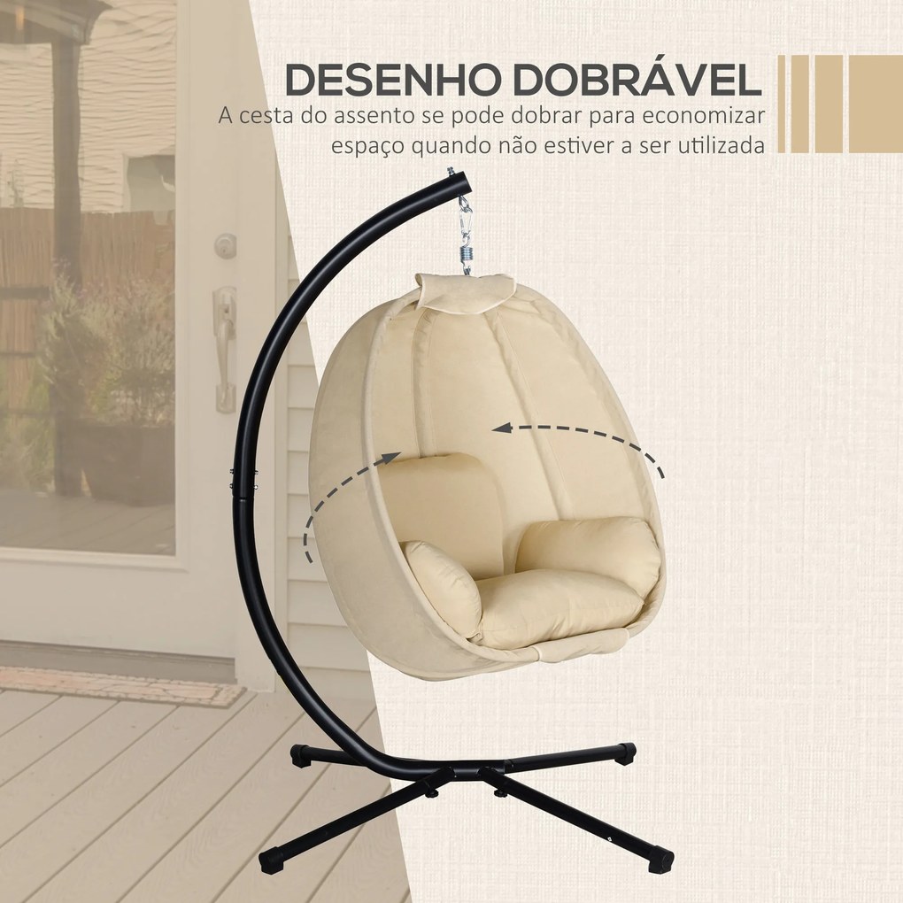 Cadeira Suspensa Tipo Ovo com Suporte Baloiço de Jardim com Cesto Dobrável e Almofada Baloiço Suspenso 125x95x170 cm Caqui