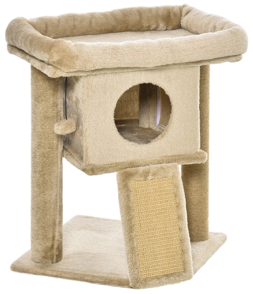 PawHut Árvore Arranhador para Gatos Pequenos Arranhador para Gatos com Poste de Juta Rampa Caverna e Bola Suspensa 40x40x57 cm Areia