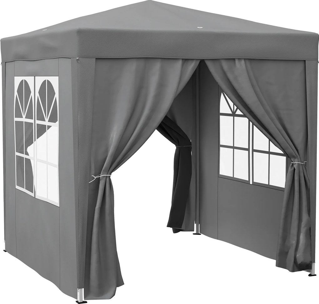 Tenda Dobrável 2x2m com 4 Paredes Laterais Tecido Oxford 2 Janelas e Saco de Transporte Anti-UV Impermeável Cinzento