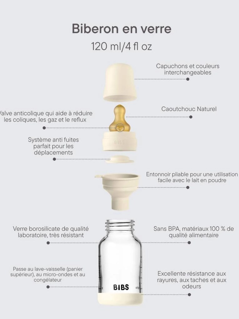 Biberão em vidro BIBS fluxo lento 120 ml marfim