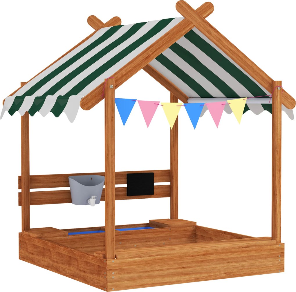 Outsunny Caixa de Areia para Crianças de 3-7 Anos de Madeira em Forma de Casa com 2 Assentos 6 Bandeirolas 124x116x146 cm Madeira | Aosom Portugal