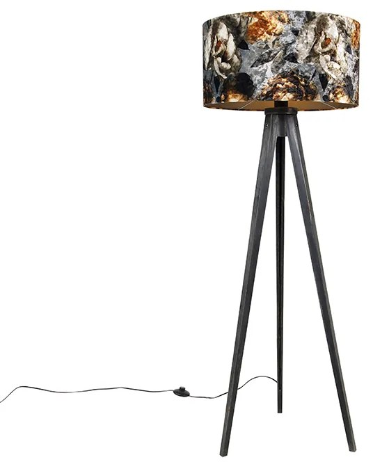 Candeeiro de pé tripé preto com cúpula floral 50 cm - Tripod Classic Clássico / Antigo