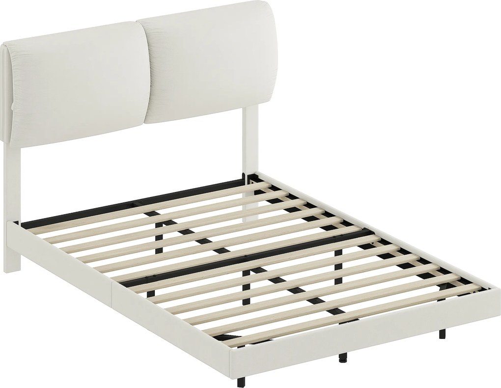 Cama de Casal 135x190 cm (COLCHÃO NÃO INCLUIDO)Estrado com Cabeceira Acolchoada Efeito Flutuante Estrutura Metálica Bege