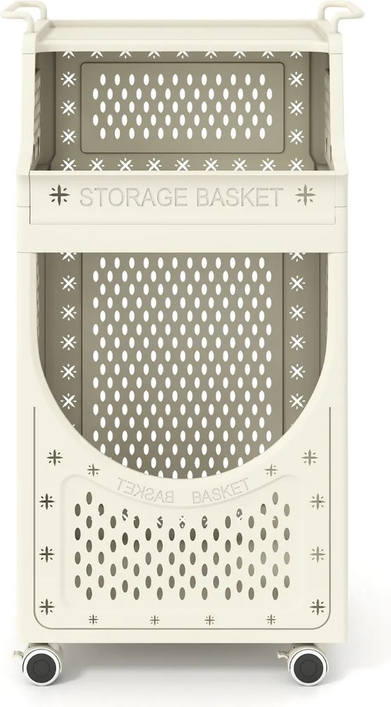 Carro para roupa suja 40 x 30 x 78 cm com 3 níveis dobrável com rodas bloqueáveis 6 ganchos para pendurar bege