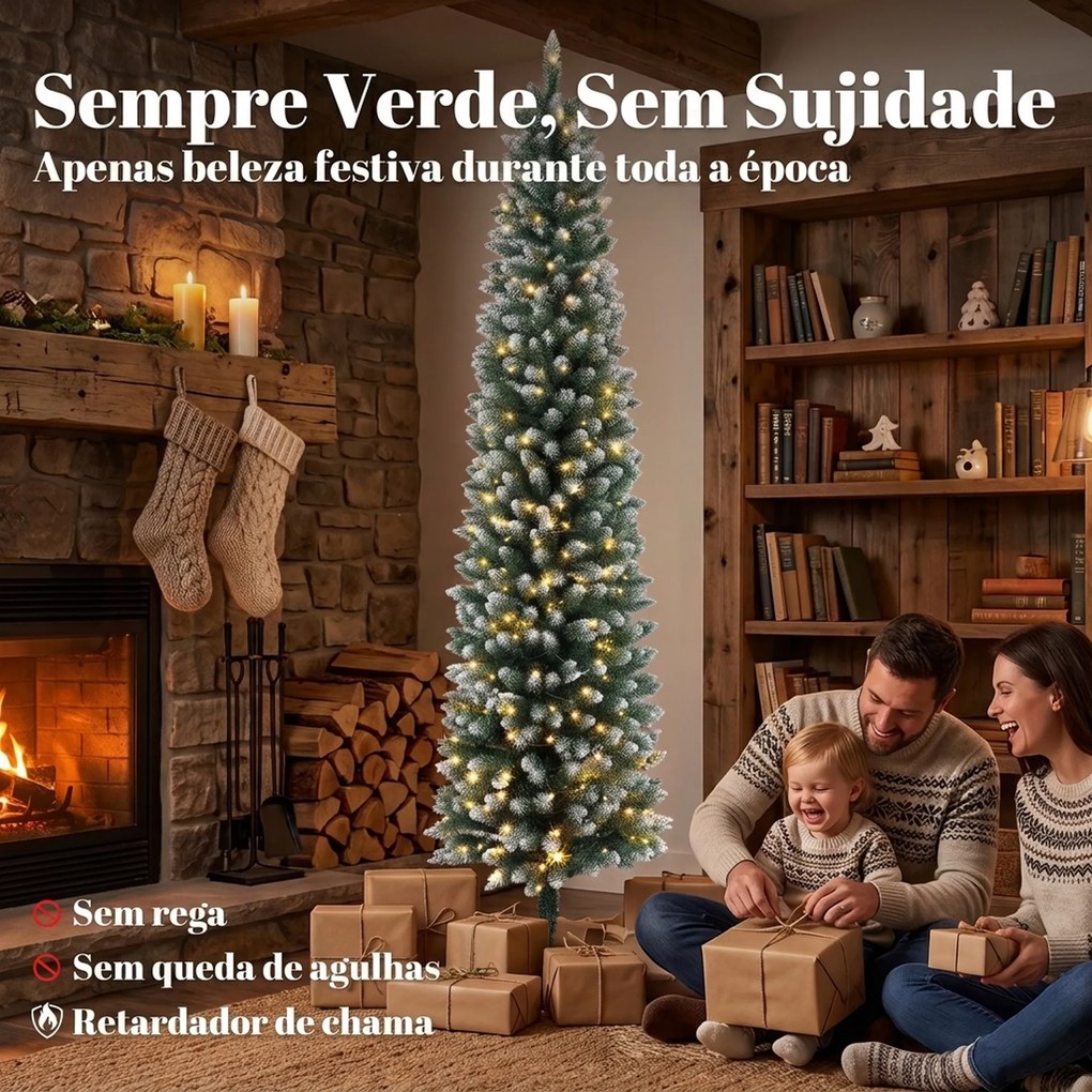 Árvore de Natal Estreita Pré-iluminada 180 cm, LEDs de Dupla Cor, Efeito Nevado, Comando, 11 Modos, 351 Pontas, 170 LEDs, Verde/Branco