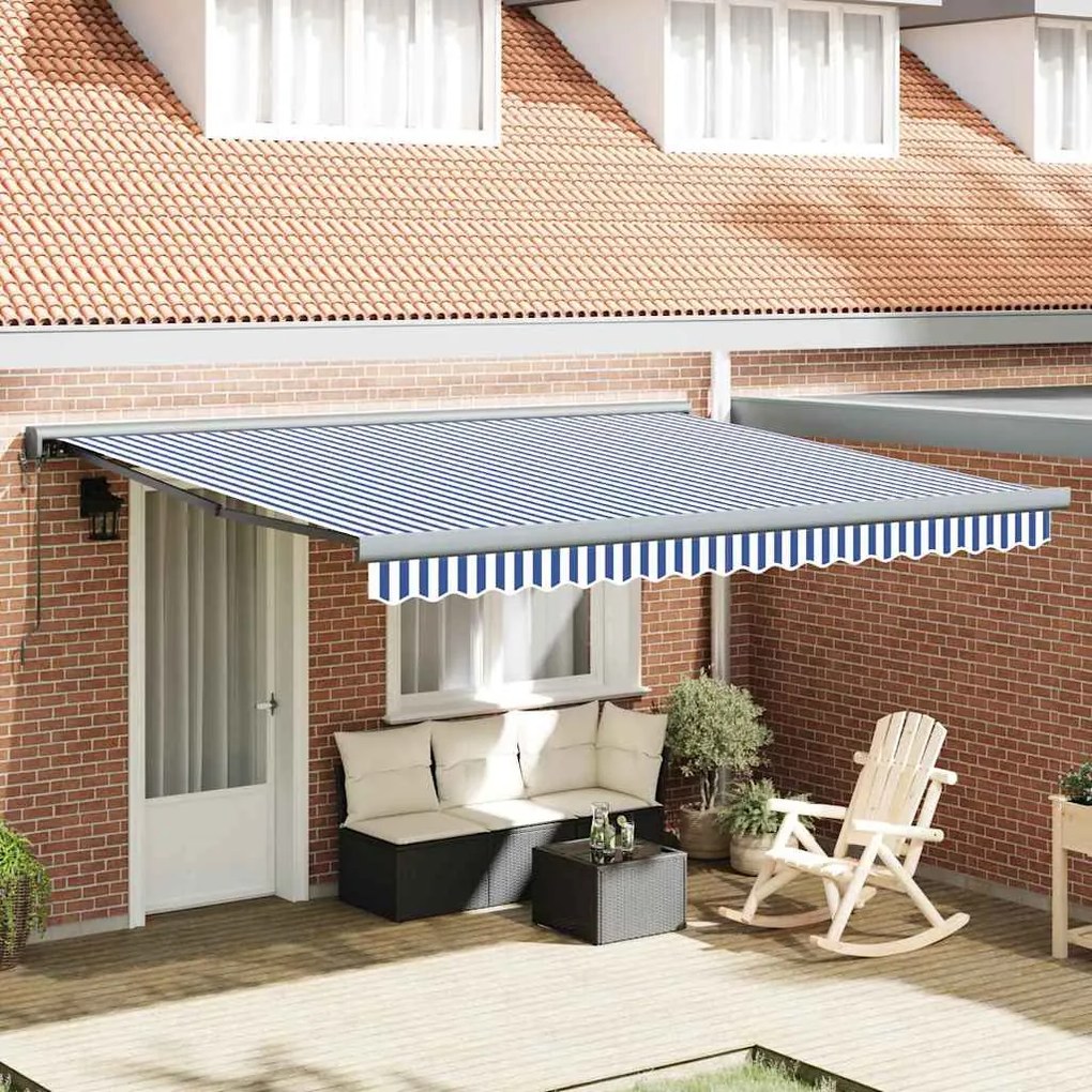 vidaXL Toldo Retrátil Manual Azul e branco 400 × 300 cm Tecido, Metal