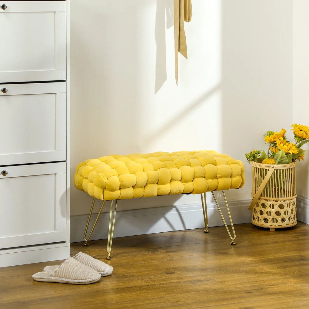 Apoio para os Pés Sala de Estar em Veludo com Pés de Metal e Assento Acolchoado para Dormitório Entrada 76x38x41,5 cm Amarelo