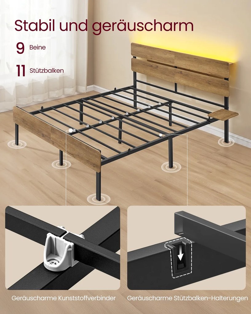 Estrutura de cama de casal 140 x 200 cm com iluminação (COLCHÃO NÃO INCLUIDO) castanho natural