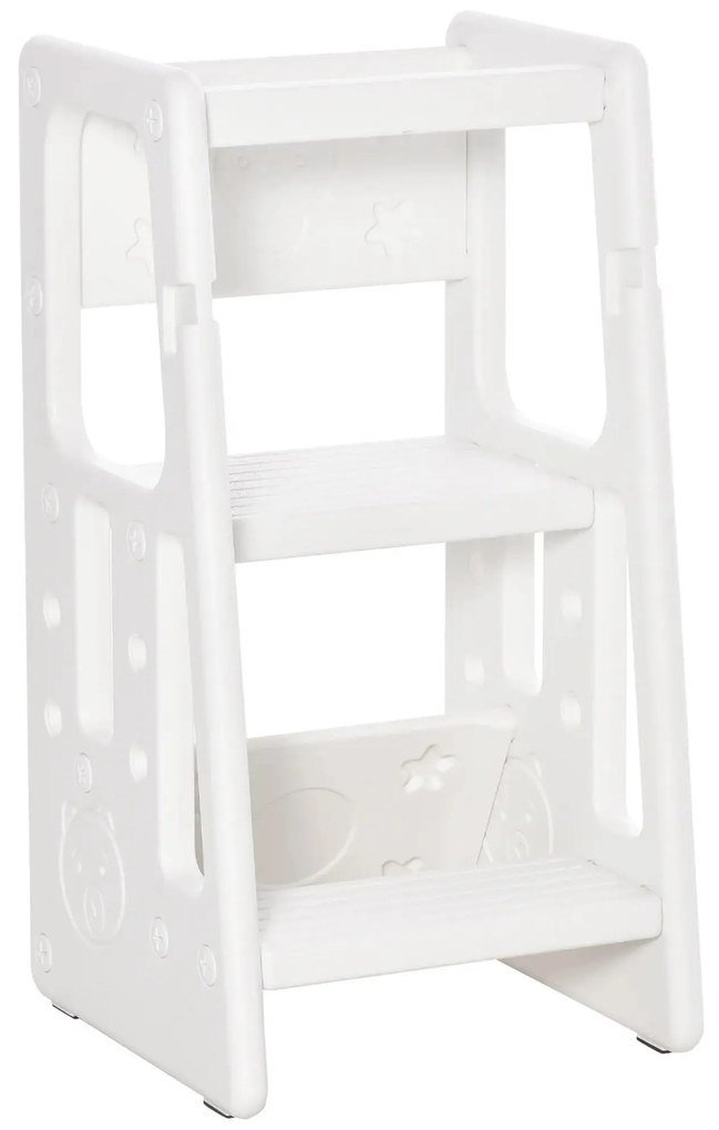 HOMCOM Torre de Aprendizagem para Crianças Banco Infantil com Altura Ajustável em 3 Posições e Plataforma Antiderrapante para Cozinha Sala de Jantar Casa de Banho 47x47x90cm Branco