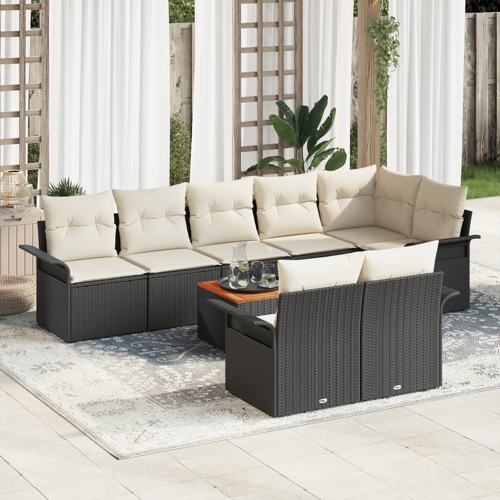 Conjunto de Sofá de Jardim com 9 Peças e Almofadas Rattan Preto Acácia