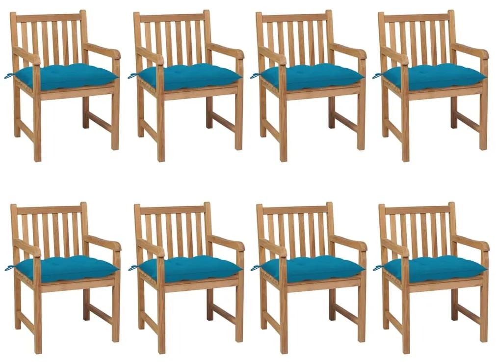 Cadeiras de jardim c/ almofadões azul-claro 8 pcs teca maciça