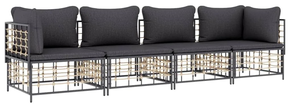 4 pcs conjunto lounge de jardim c/ almofadões vime PE antracite
