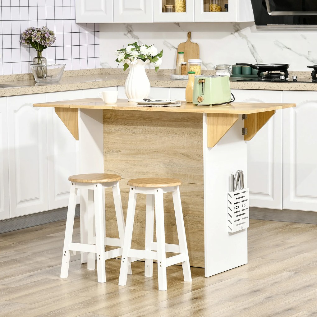 HOMCOM Móvel Ilha de Cozinha Carrinho de Cozinha com Laterais Abatíveis 3 Prateleiras Abertas e Suporte para Facas para Sala de Jantar Restaurante Estilo Moderno 140x55x91cm Carvalho e Branco