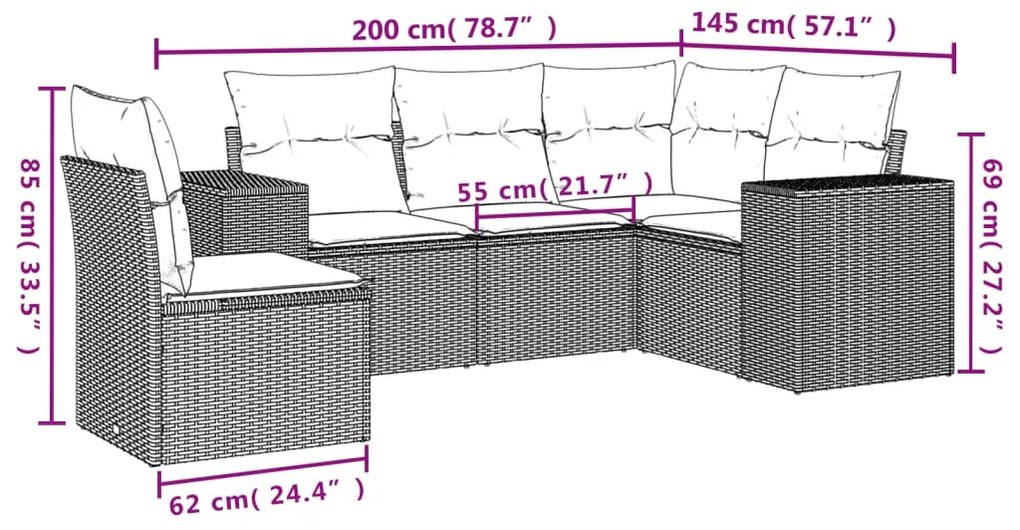 5 pcs conj. sofás jardim c/ almofadões vime PE cinzento-claro