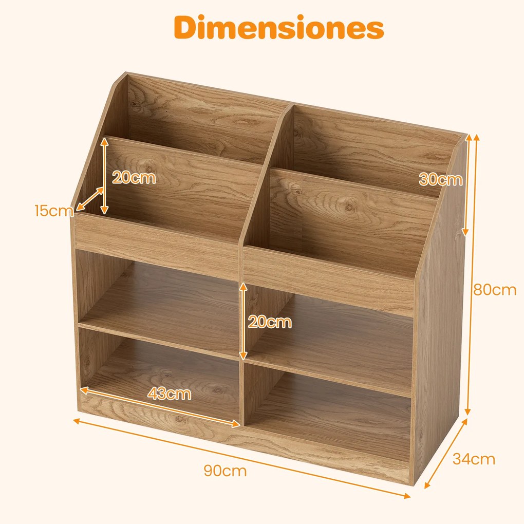 Estante Infantil Organizadora de Brinquedos 90 x 34 x 80 cm com 4 Compartimentos Abertos Estilo Natural
