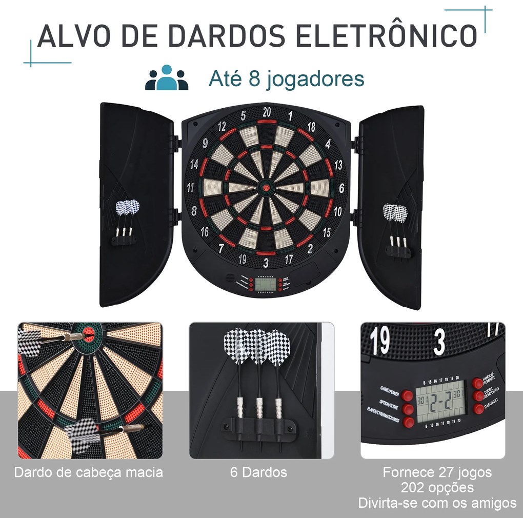 Alvo Eletrônico Digital com 6 Dardos até 8 Jogadores Marcador Portas Laterais Tela LCD 46.5x4.4x50.5 cm Preto