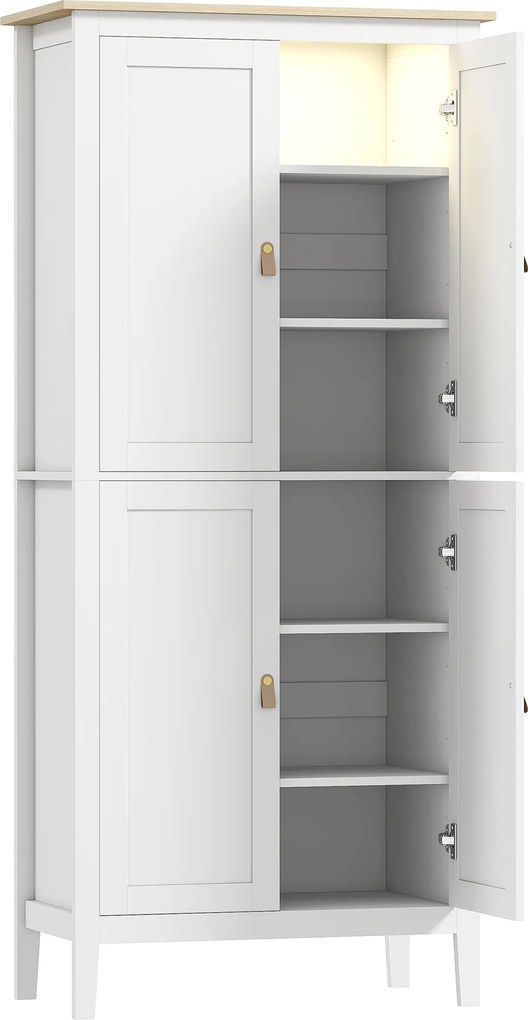 HOMCOM Armário de Cozinha com Luz LED Sensor de Movimento Móvel Auxiliar de Cozinha com Iluminação Regulável em 3 Cores 4 Portas e Prateleiras Ajustáveis 80x40x176,5 cm Branco | Aosom Portugal