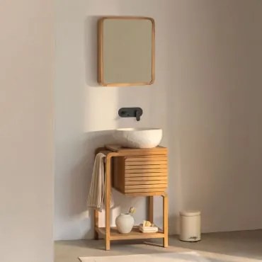 Conjunto De Móvel De Casa De Banho Em Madeira De Teca Bradley Irregular Em Cimento Branco ??40 Cm Fedro & Rectangular Esquina Arredondada - Sklum