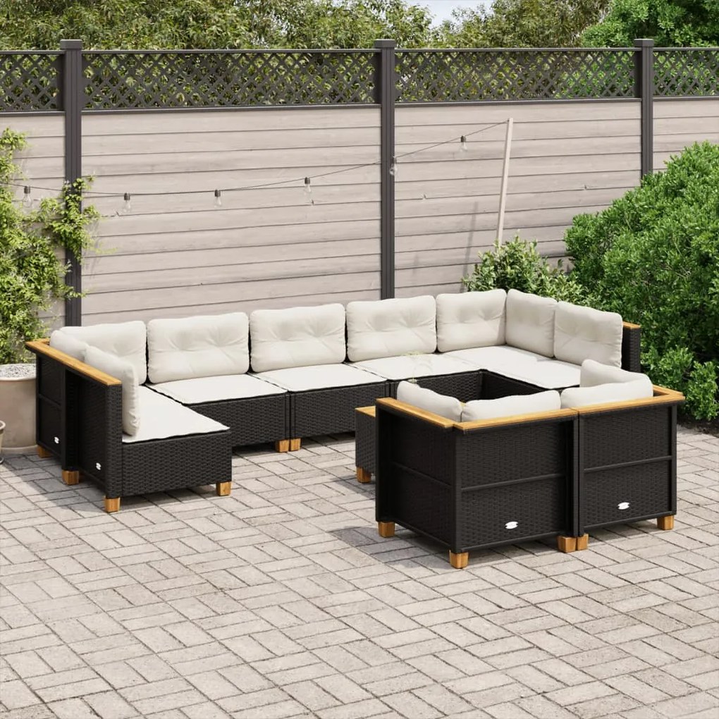 vidaXL 10 pcs conjunto sofás de jardim c/ almofadões vime PE preto