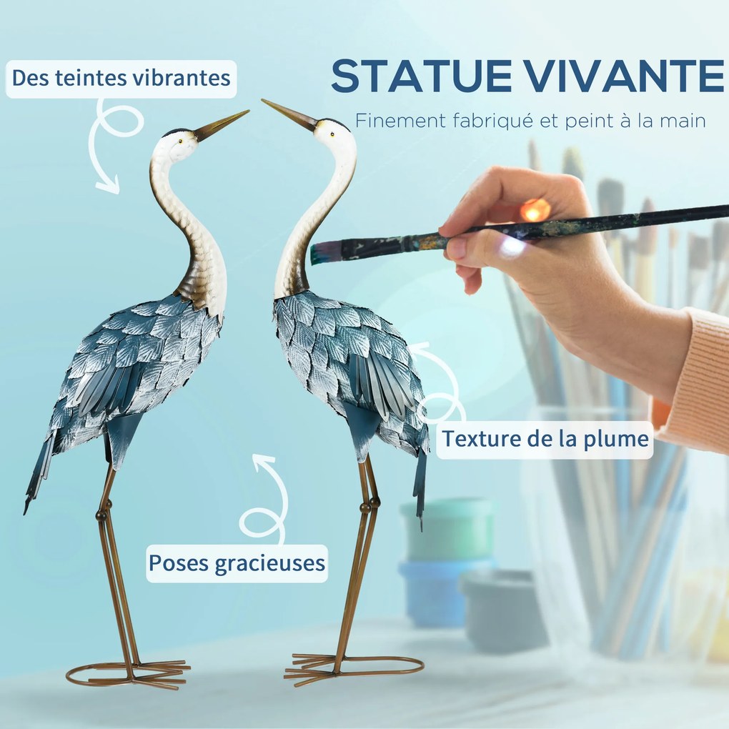 Conjunto de 2 estátuas de jardim: escultura de grou, decoração exterior com tema de aves, em aço, para terraço, varanda, pátio e relvado multicolorida