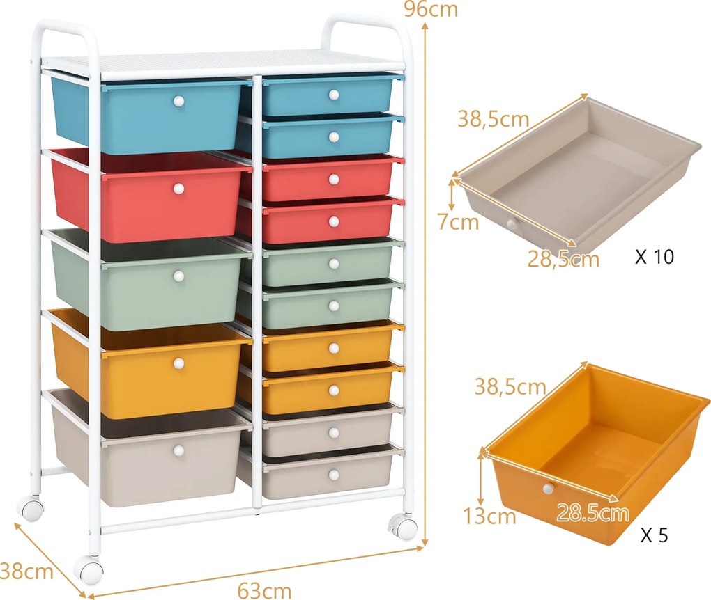 Carrinho de Arrumação Móvel, 63 x 38 x 96 cm, 15 Gavetas, Multicolor