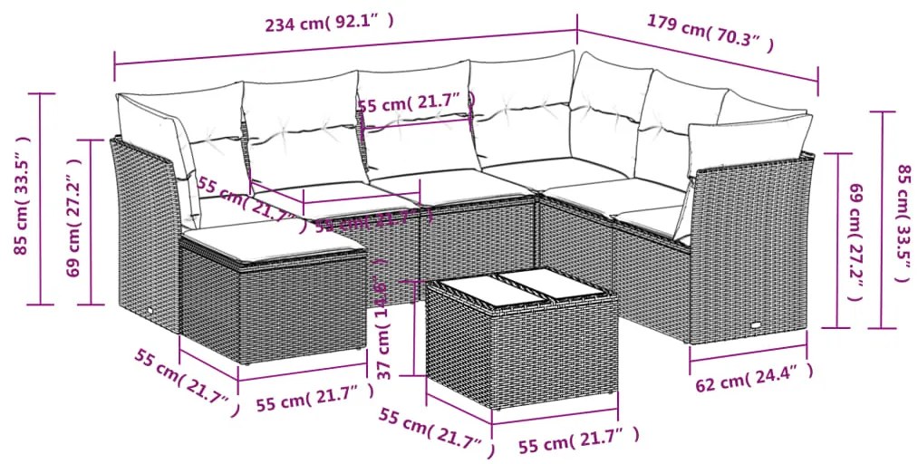 8 pcs conjunto de sofás p/ jardim com almofadões vime PE bege